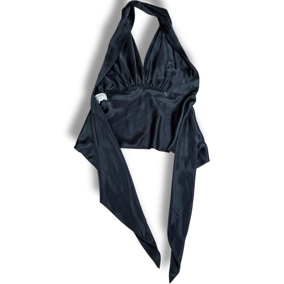 Y2K Silk Halter Top Tie Back Sleeveless Black Open‎ Back Party Cocktail Sexy O/S - Picture 4 of 5